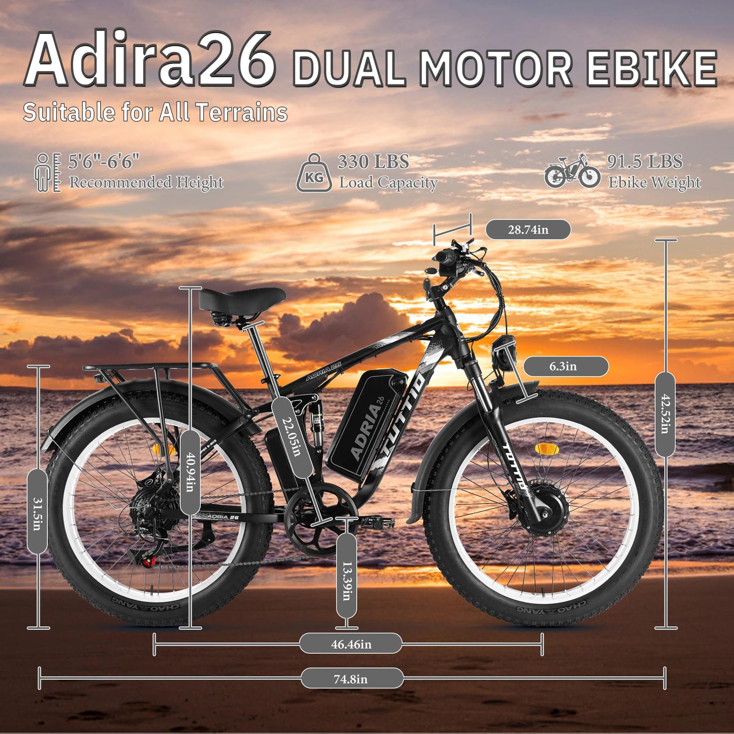 Peak 5000W-Electric-Bike for Adults-Men, Dual-Motor-Ebike 40-46MPH-Hunting-Ebike, 52V 30AH Long Range Dirtbike, 26" Fat-Tire-Electric-Bicycle, Full Suspension Mountain Bike for Off-Road Snow Sand