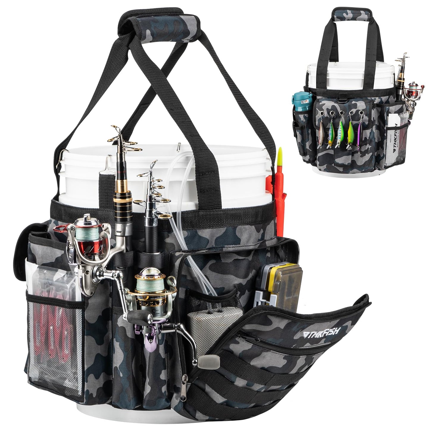 THKFISH Fishing Bucket Organizer for 5 Gallon Bucket, Ice Fishing Bucket Bag with Rod & Plier Holder, Adjustable Fish Protection Bucket Bag with Multi-Pockets for Fishing Gear