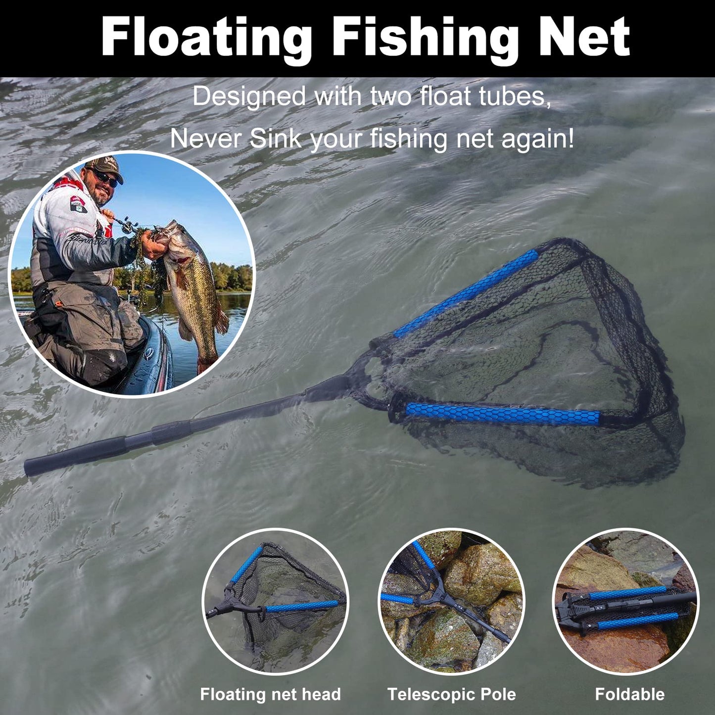 PLUSINNO Fishing Net Fish Landing Net, Foldable Collapsible Telescopic Pole Handle, Durable Nylon Material Mesh, Safe Fish Catching or Releasing
