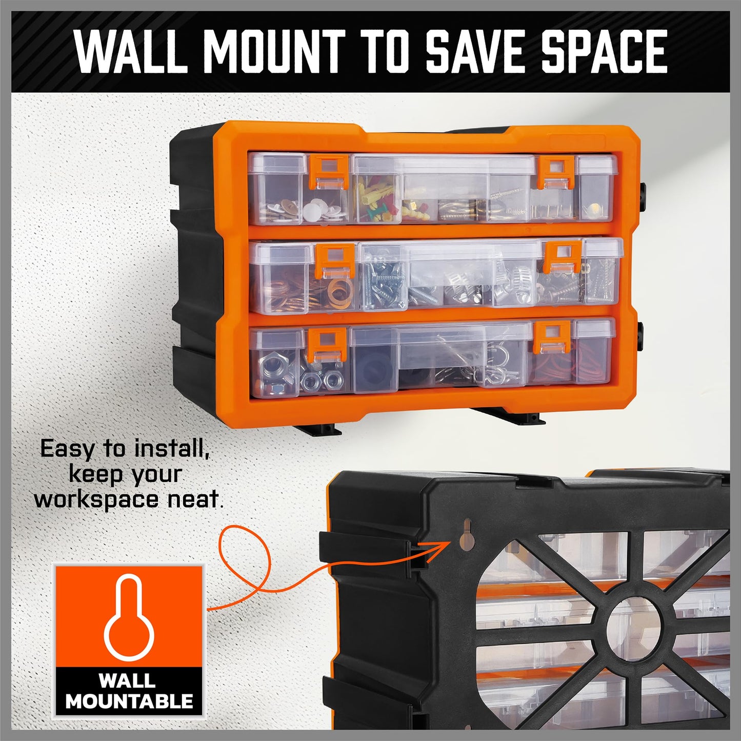 HORUSDY Wall Mounted Storage Bins Parts Rack 30PC Organizer Garage Plastic Shop Tool for Men's Gift, Blue,Orange,Red