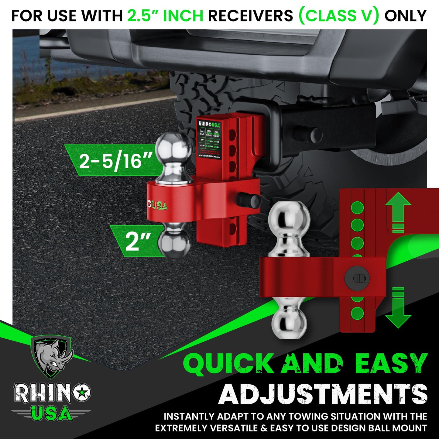 Rhino USA Adjustable Trailer Hitch (Fits 2-Inch Receiver) - Heavy Duty Aluminum Tow Hitches with 6-Inch Drop/Rise for Truck (12,500 LBS GTW) - Weatherproof Double Anti-Theft Locking Hitch Pins (Black)