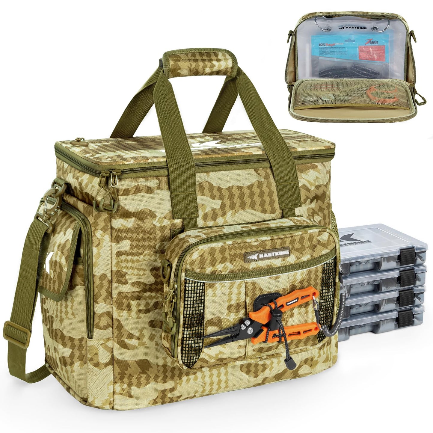 KastKing BaitSpace Fishing Tackle Bag With 4 Tackle Boxes & Removable Bait Binder, Water-Resistant Tackle Storage, Durable Fishing Gear, Adjustable Shoulder Strap