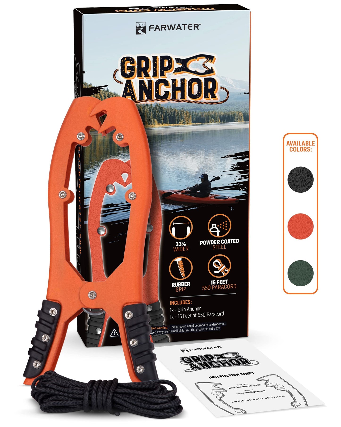 Canoe Anchor Grip - Boat, Float Tube & Kayak Fishing Accessories, Kayaking Equipment - Brush Clamp Anchor with Teeth - Gripper with 15ft Paracord - Rubber Grips - Coated Steel -