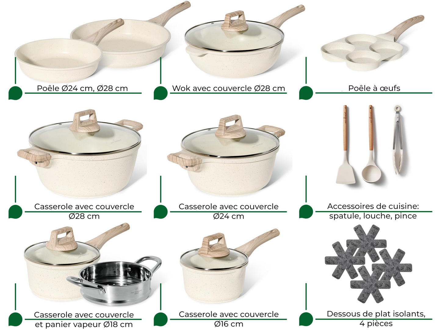JUST PERFECTO Induction Pots Set - Pan Set with Lid - Induction Pots Set - Pots & Pans Set without PTFE and PFOA - Cookware Pot Set Induction 21 Pcs (Beige)