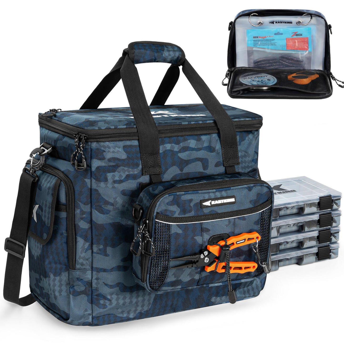 KastKing BaitSpace Fishing Tackle Bag With 4 Tackle Boxes & Removable Bait Binder, Water-Resistant Tackle Storage, Durable Fishing Gear, Adjustable Shoulder Strap