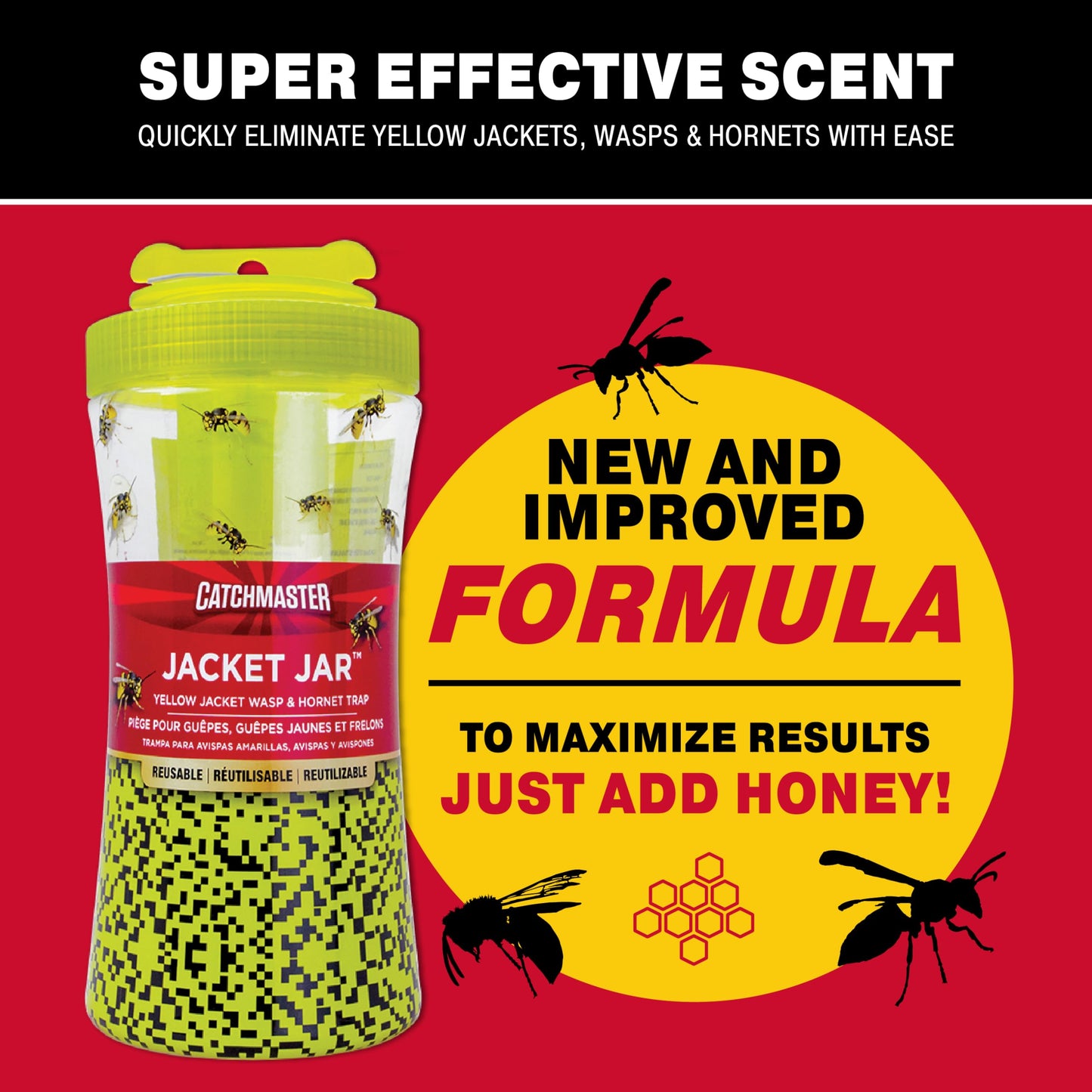 Catchmaster Yellow Jacket, Hornet, & Wasp Trap Jar 2-Pk, Reusable Bug Catcher with Attractant, Outdoor Flying Insect Trap, Wasp Killer Bug Trap, Pet Safe Pest Control for Backyard, Patio, & Shed