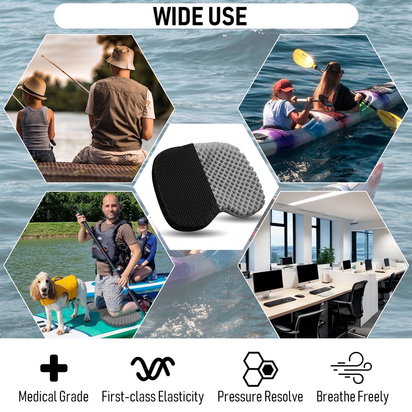 Kayak Seat Cushion, Thicken Anti Slip Waterproof Gel Kayak Seat, Portable Canoe Rowing Rubber Dinghy Pad for Stadium Sit in Kayak Inflatable Fishing Kayak Canoe Kayak Accessories