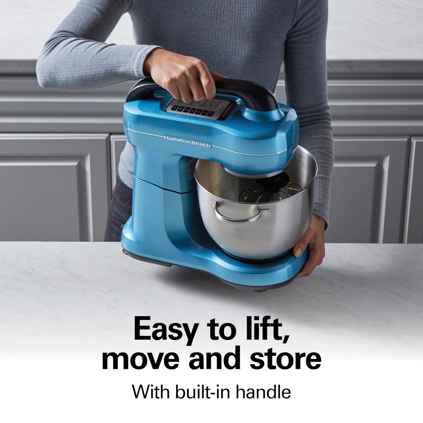 Hamilton Beach Electric Stand Mixer, 4 Quarts, Dough Hook, Flat Beater Attachments, Splash Guard, 7 Speeds with Whisk, Easy-Carry Top Handle, Blue