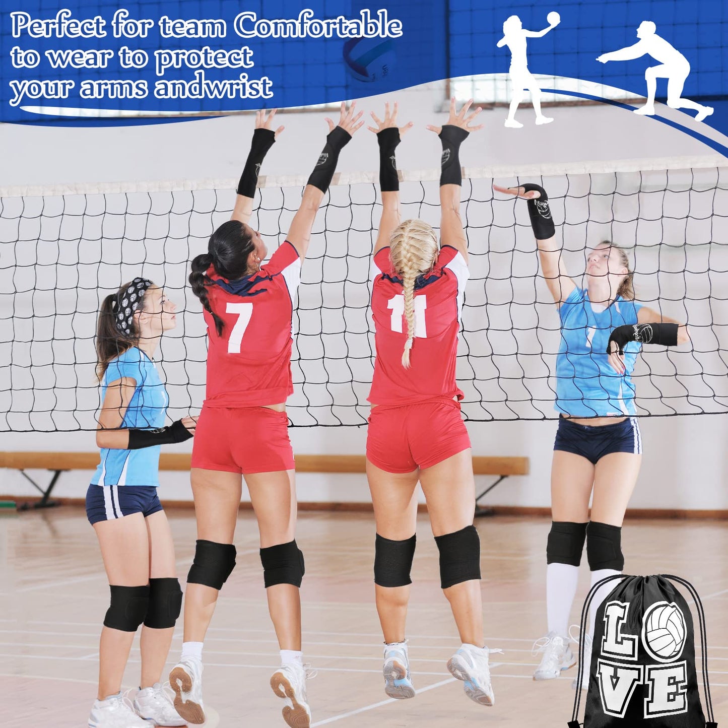 Yinder 4 Pcs Volleyball Accessories Include Knee Pads ,Arm Sleeves , Drawstring Bag,Softball Headbands for Women Volleyball Training Dance(Small,Black)