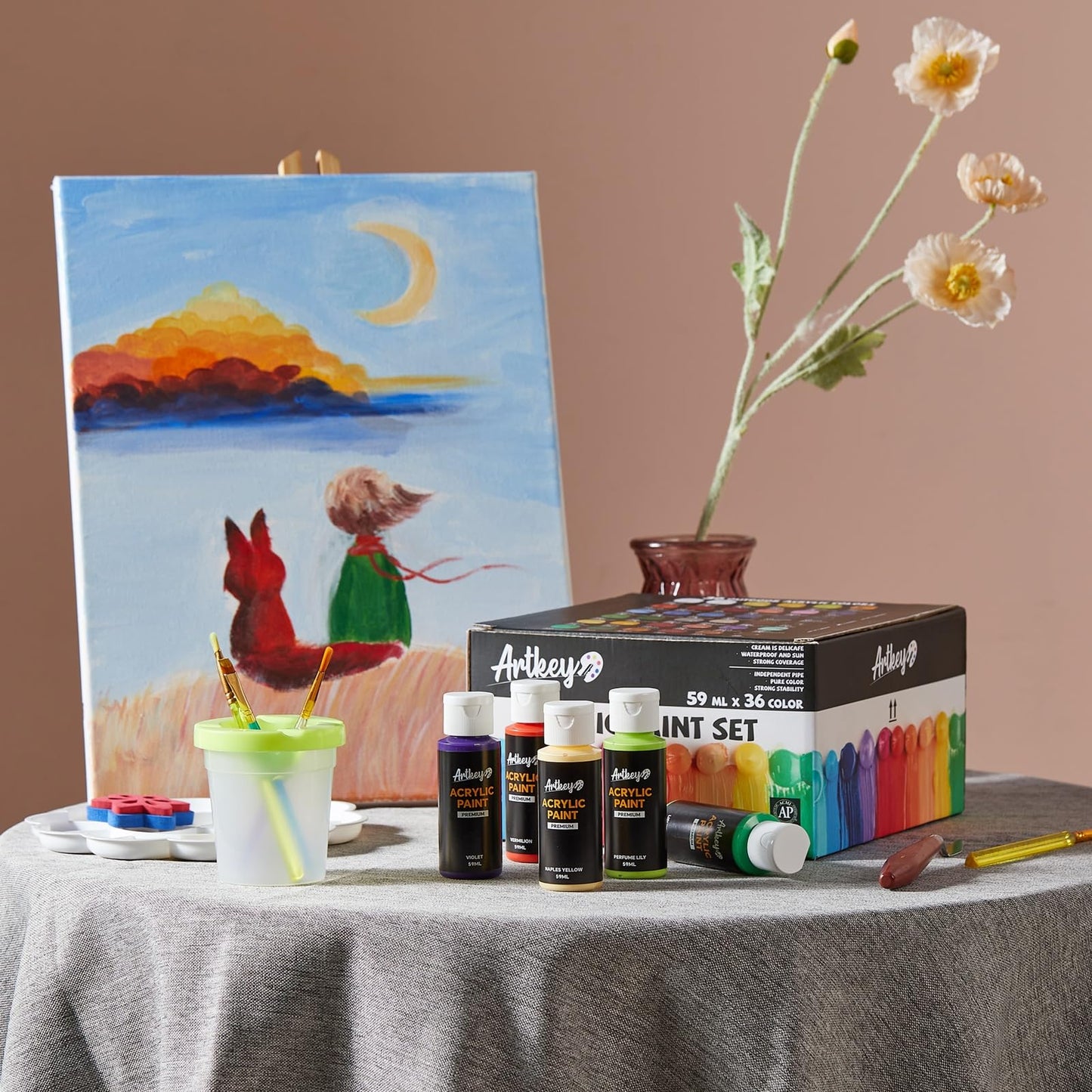 Artkey Acrylic Paint Set - 24 colors 2 oz/59 ml Acrylic Paints Professional Artists Painting Kit for Canvases Fabric Rock Leather Easter Egg Wood Ceramic Glass Art Craft Painting