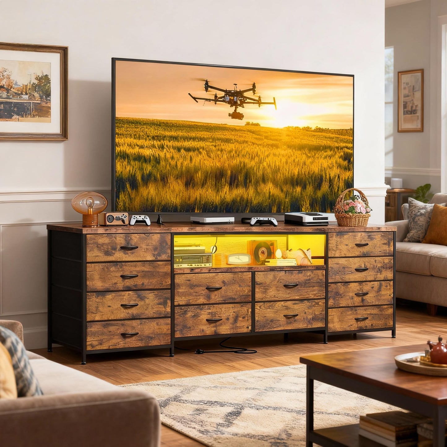 EnHomee 63" W TV Stand Fits 65/70 Inch TV, 12 Drawers Dresser with LED Lights & Power Outlets, Entertainment Center Long Fabric Dresser for Bedroom, Living Room, Hallway, Rustic Brown