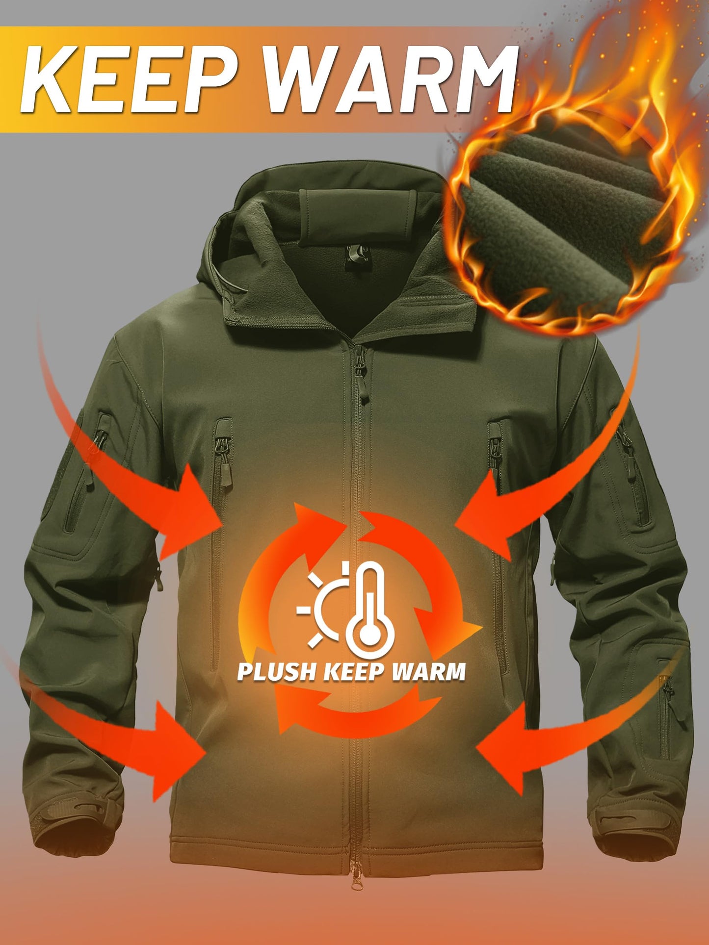 TACVASEN Men's Special Ops Military Tactical Rain Jackets Winter Warm Fleece Softshell Hooded Raincoat Snowboard