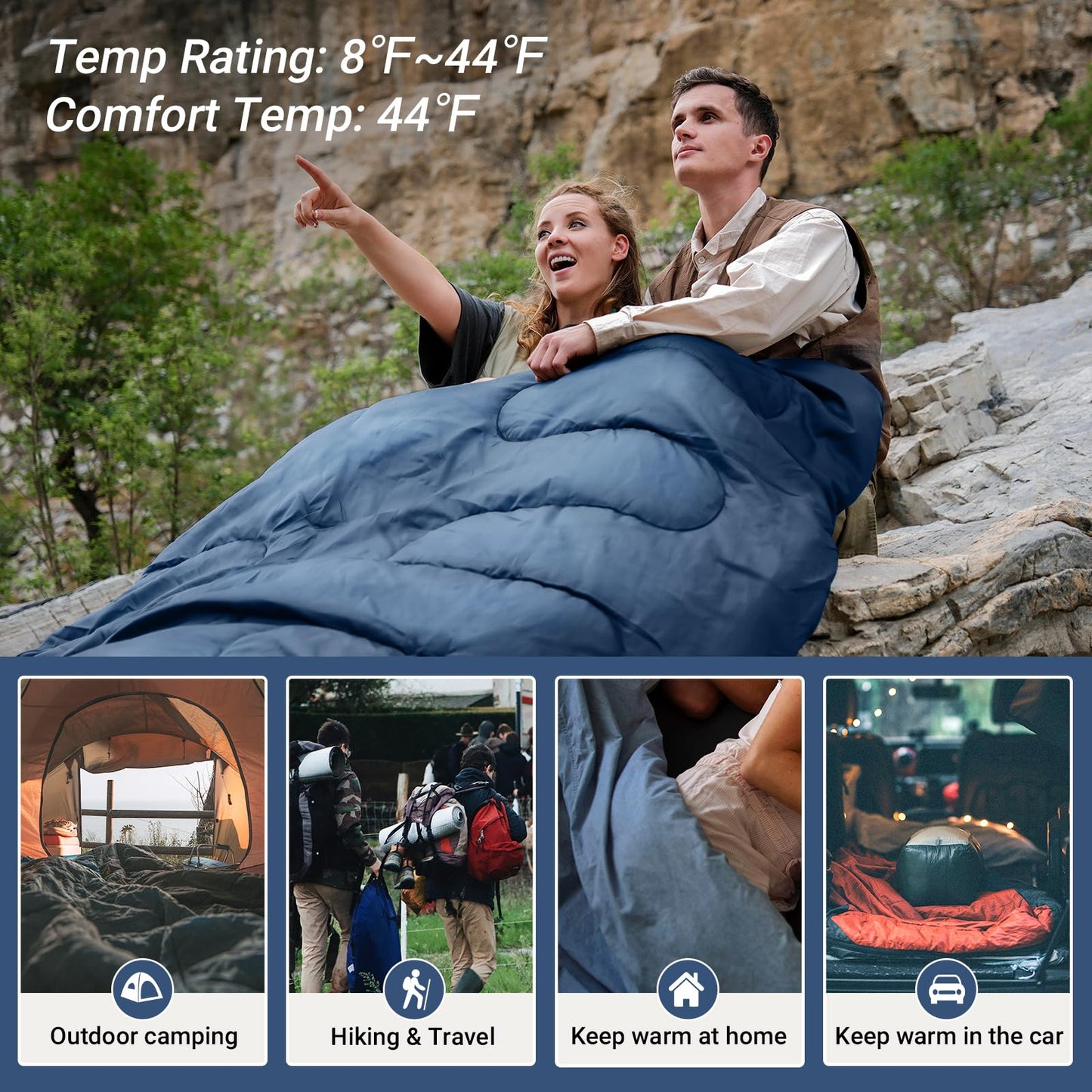 KingCamp Queen Size 2 Person Double Sleeping Bags with Pillows for Adults, 20 Degree Lightweight Backpacking Quilts for Couples Family Camping Hiking and Outdoors, Waterproof