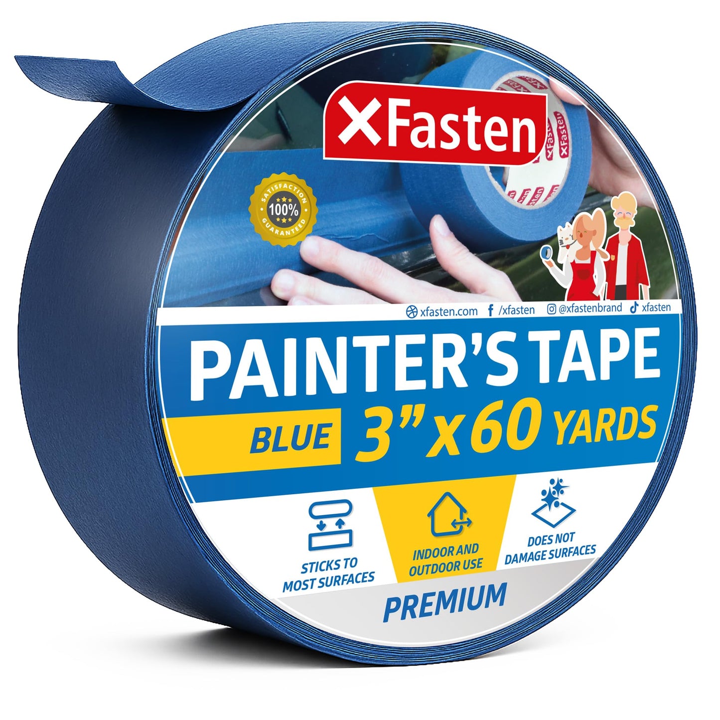 XFasten Blue Painters Tape Bulk 3-Inch x 60-Yards (12-Pack, 2160ft Total) Wall Safe Painters Tape 3 Inch Wide, Blue Masking Tape Bulk, Paint Tape for Walls, Painting, Automotive