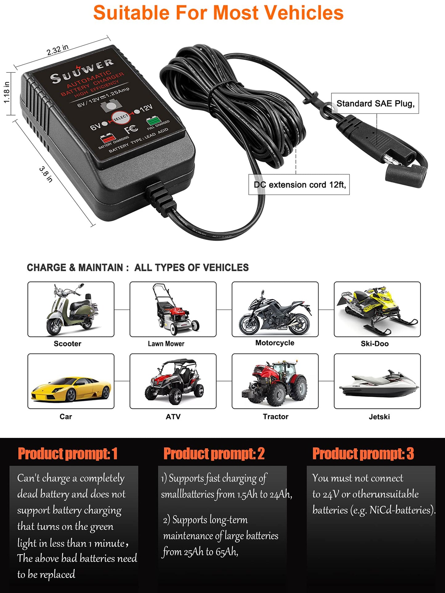 1.25-Amp Trickle Battery Charger 6V/12V Fully-Automatic Smart Battery Maintainer for Motorcycle, ATV, Boat, Lawn Mower and More