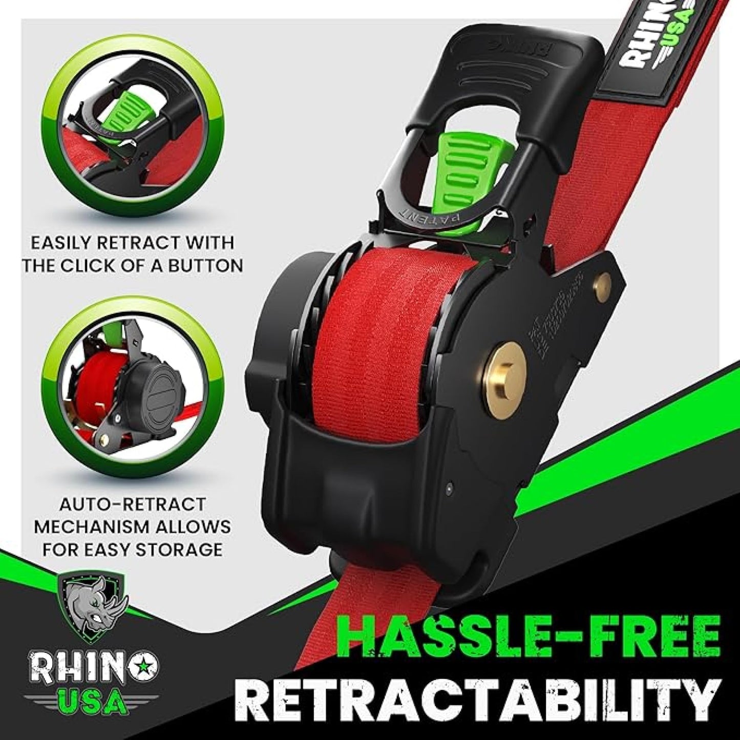 Rhino USA Retractable Ratchet Straps (4-Pack) - 1 Inch x 10 Feet (1,209lb Break Strength) - Heavy Duty Auto Self Retracting Tie Down Straps for Truck, Cargo Trailer, Motorcycle, Rad & More - Black