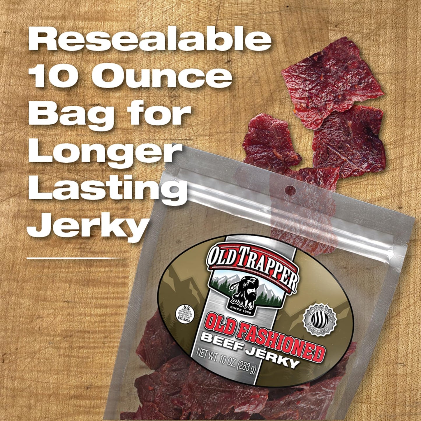 Old Trapper Beef Jerky, Old-Fashioned 10-Ounce Bag, Tender Meat Snacks for Lunches or Between Meals, 11 Grams of Protein, Zero Grams of Fat, and 70 Calories per Ounce (Pack of One)