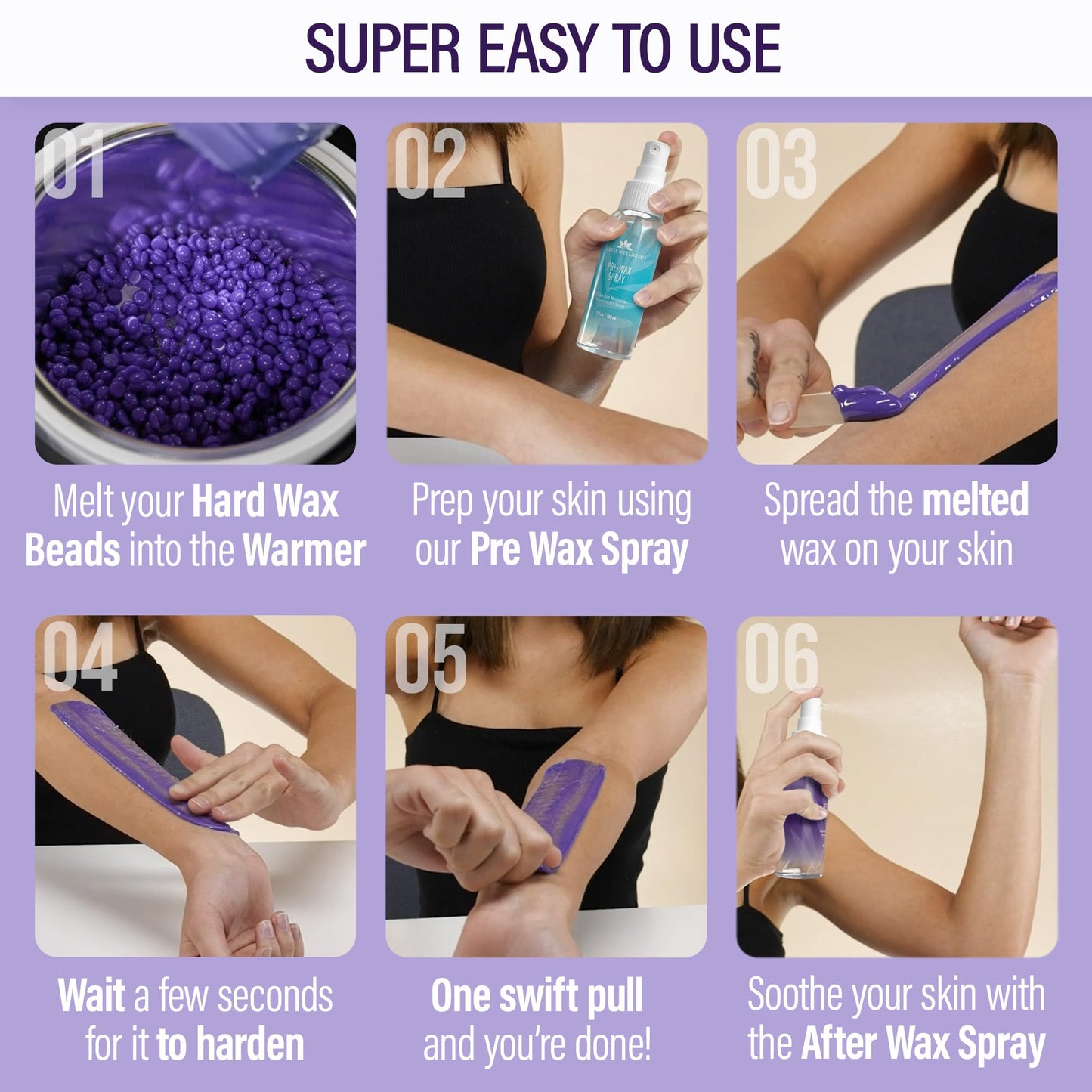 Tress Wellness Waxing Kit for Sensitive Skin – Safe for Face & Skin, Prep & Aftercare Spray, Easy to Use – At-Home Kit for Face, Bikini, Brazilian & Full Body - Digital Display, Black Purple Flower