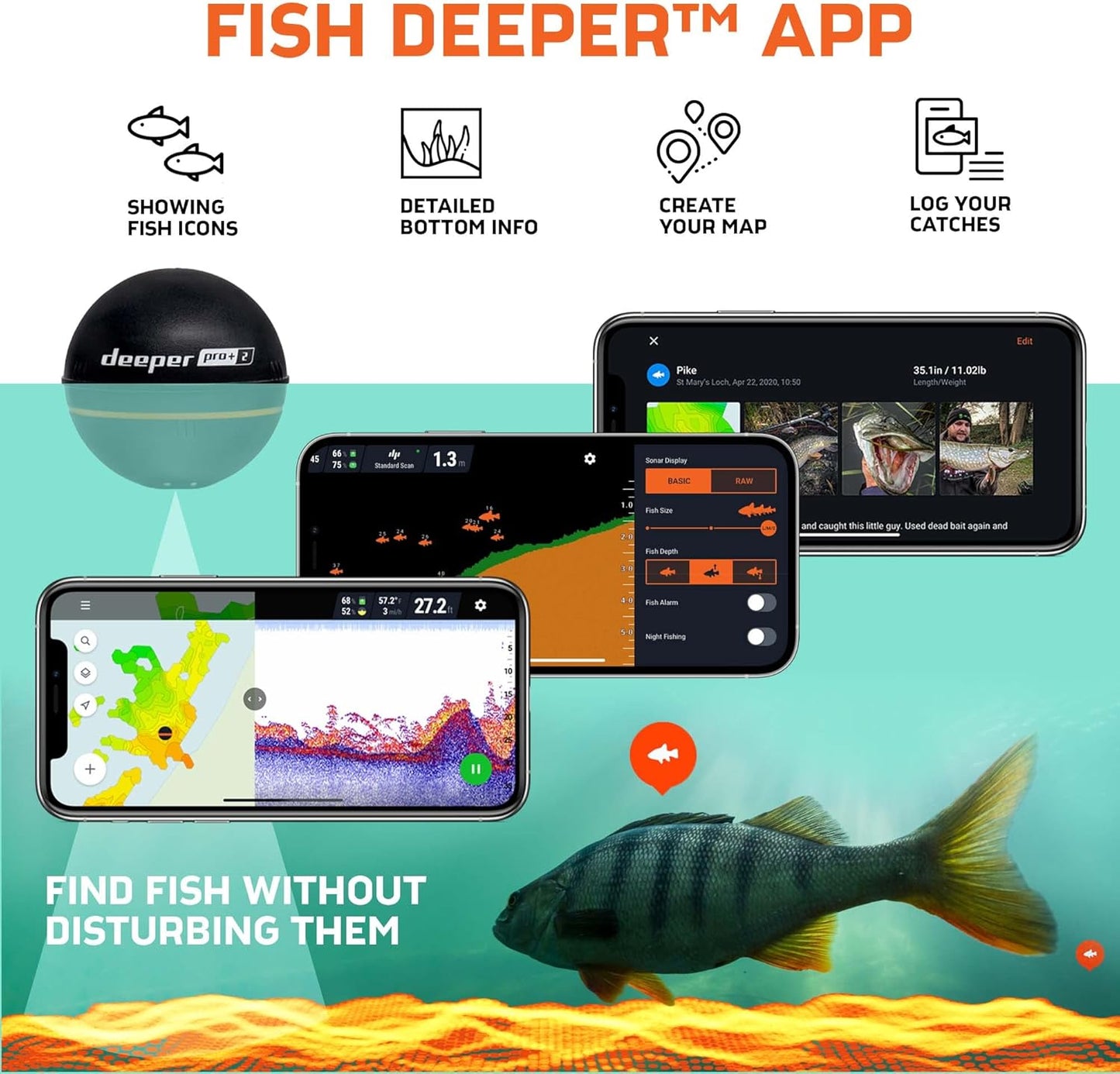 Deeper PRO+ 2 Sonar Fish Finder - Portable Fish Finder and Depth Finder for Kayaks, Boats and Ice Fishing with GPS Enabled | Castable Deeper Fish Finder with Free User Friendly App