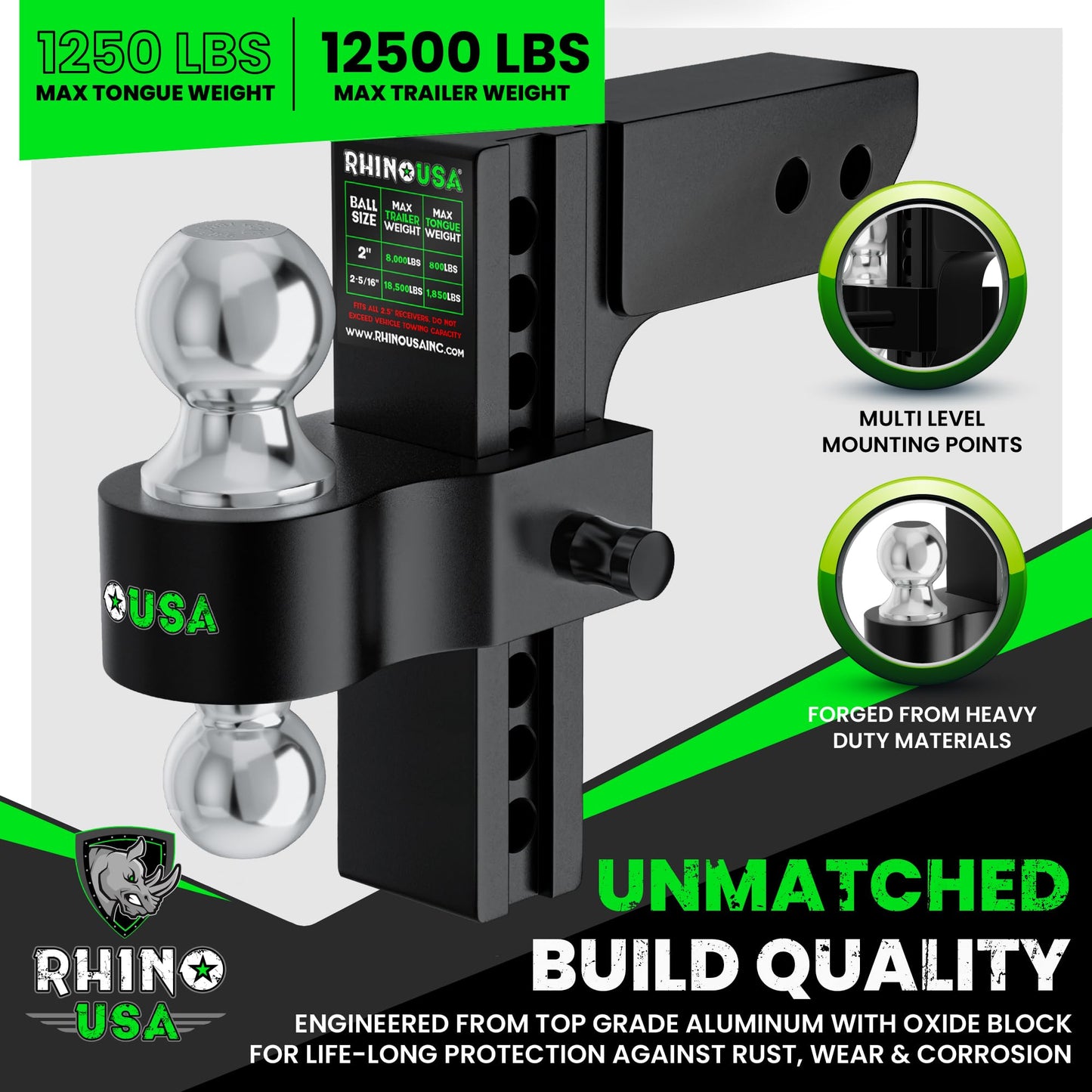 Rhino USA Adjustable Trailer Hitch (Fits 2-Inch Receiver) - Heavy Duty Aluminum Tow Hitches with 6-Inch Drop/Rise for Truck (12,500 LBS GTW) - Weatherproof Double Anti-Theft Locking Hitch Pins (Black)
