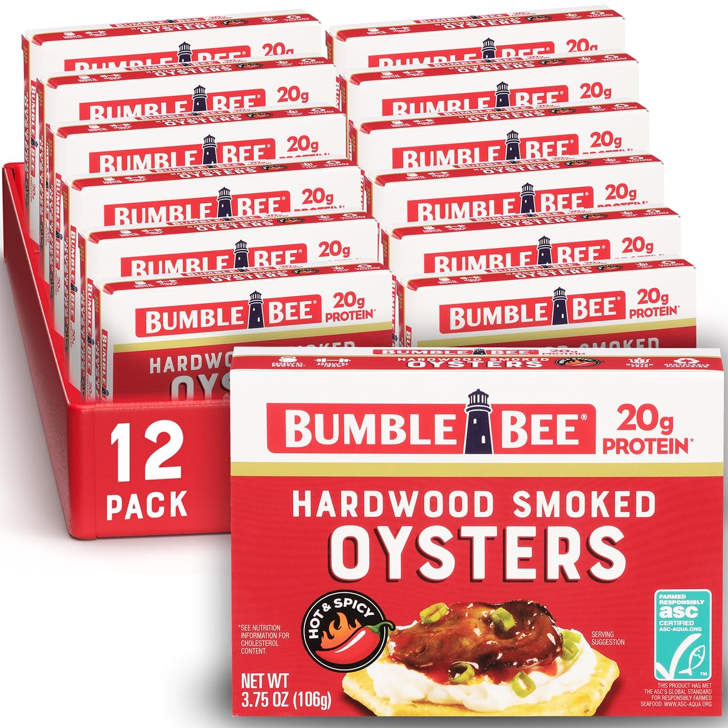 Bumble Bee Hot & Spicy Hardwood Smoked Oysters, 3.75 oz Tin (Pack of 12) - 20g Protein per Serving, Gluten Free, Keto