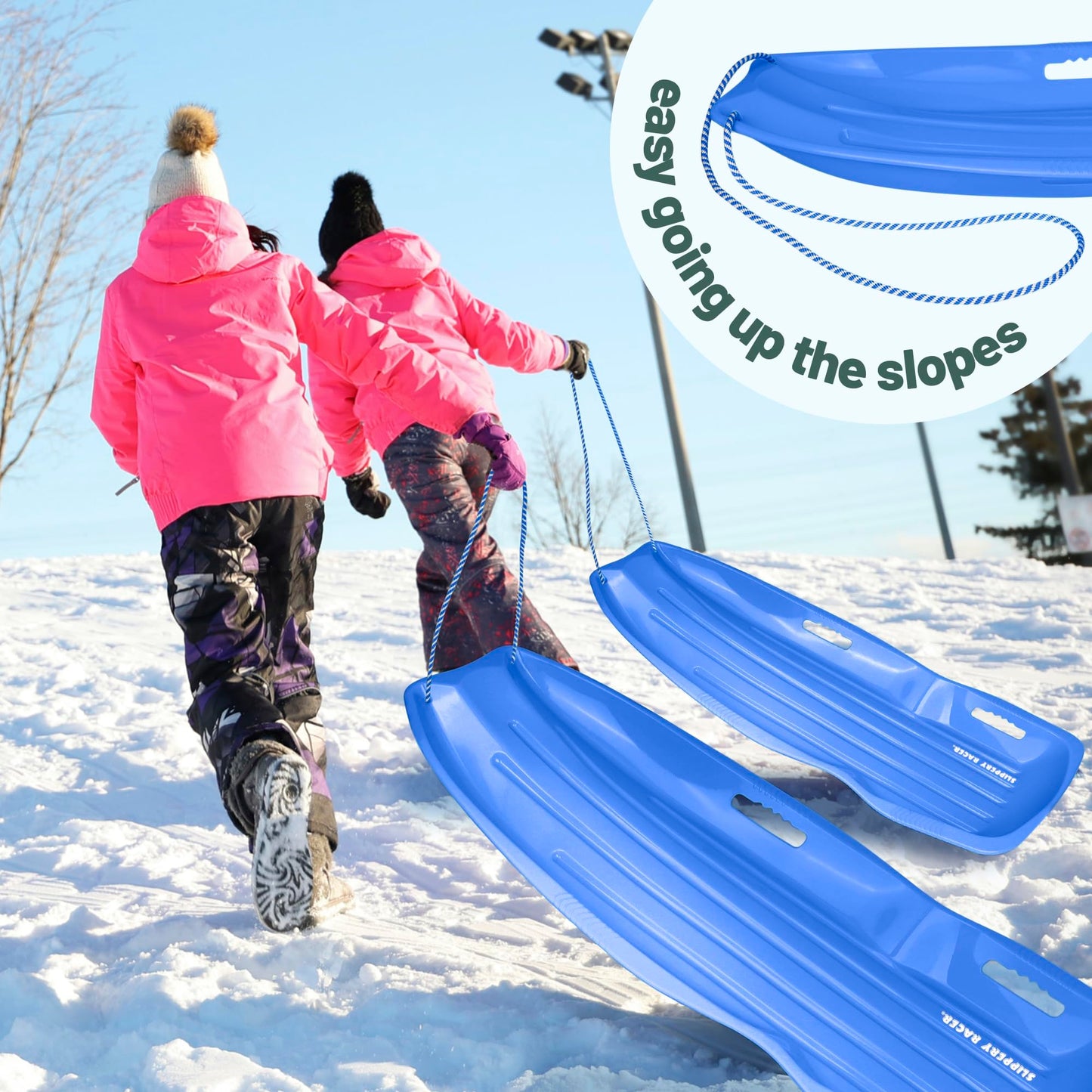 Slippery Racer Downhill Xtreme Flexible Adults and Kids Plastic Toboggan Snow Sled for Up to 2 Riders with Pull Rope and Handles, Blue