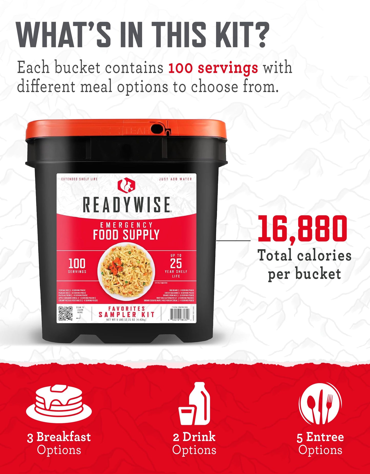READYWISE - Emergency Food Supply Bucket, 120 Servings, MRE Meal Food Supply, Premade, Freeze Dried Survival Rations for Hiking, Adventure & Camping Essentials, Individually Packaged, 25 Year Shelf Life