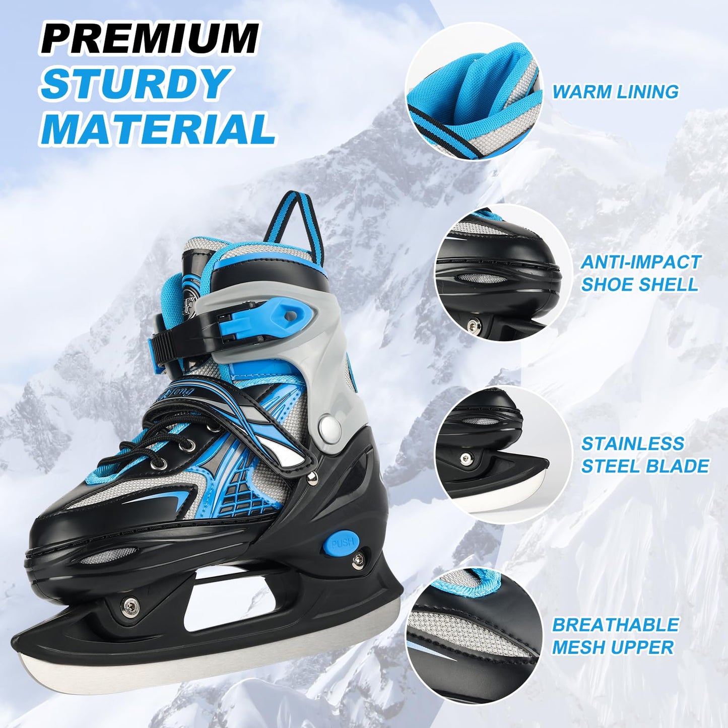 Adjustable Ice Skates for Kids Boys & Girls, 4 Sizes Adjustable, Warm & Comfortable Lining for Beginners-Ages 3-12, Outdoor & Ice Rink Skating Shoes (Blue, Large (5-8 US))