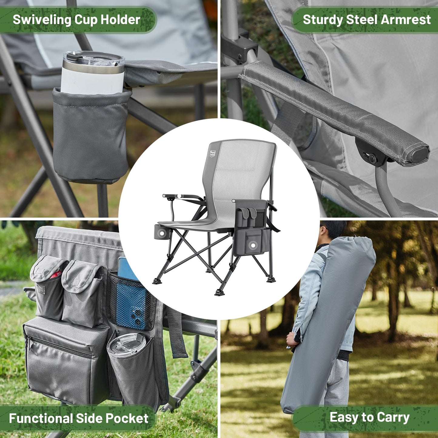 TIMBER RIDGE Oversized Folding Camping Chair High Back Heavy Duty for Adults Support up to 500lbs with Cup Holder, Side Pocket Cooler Bag