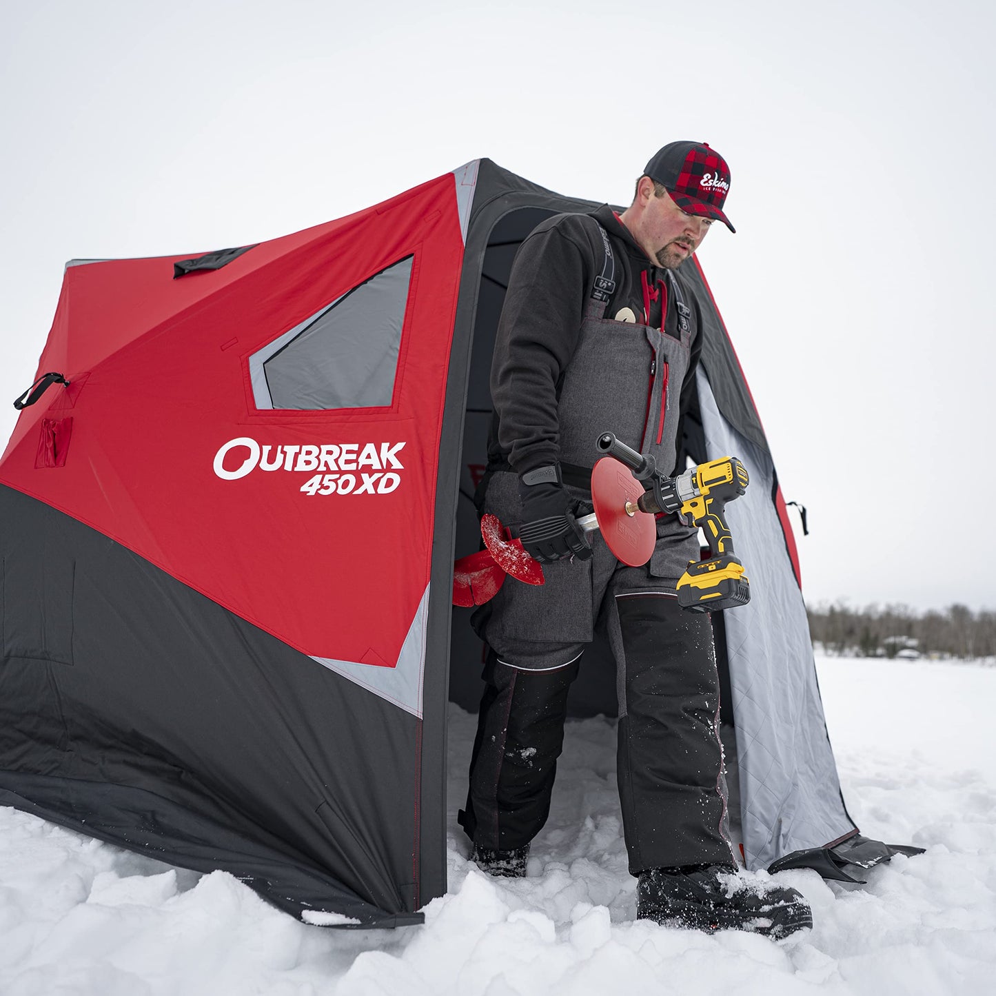 Eskimo Outbreak Portable Pop-Up Ice Fishing Shelter, Stormshield Insulated Fabric, No Trip Door, Durable Hub Design, Deluxe Tie Downs, Red/Black