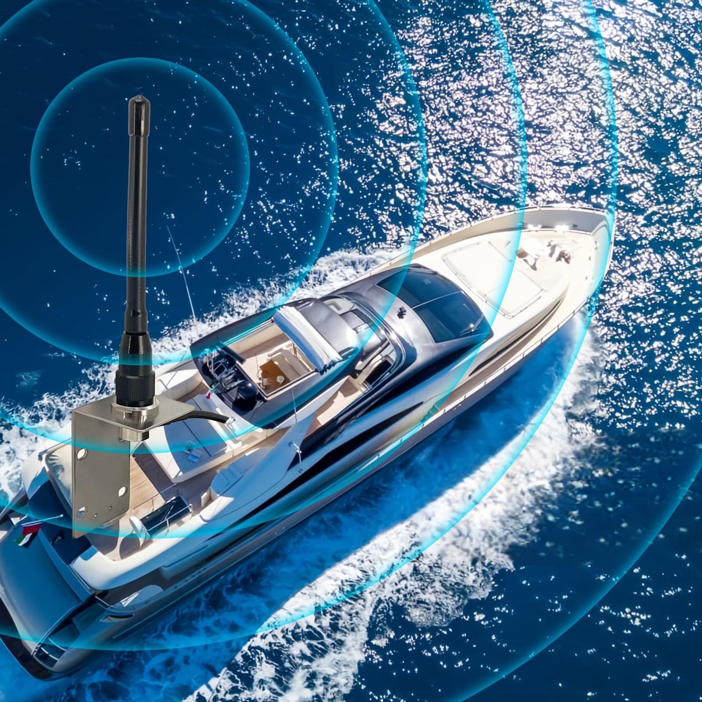 VM100 VHF Marine Radio Antenna,44 Inch Waterproof Fiberglass Boat Antenna with Adjustable Ratchet Fixed Mount and 16 ft RG-58U Cable