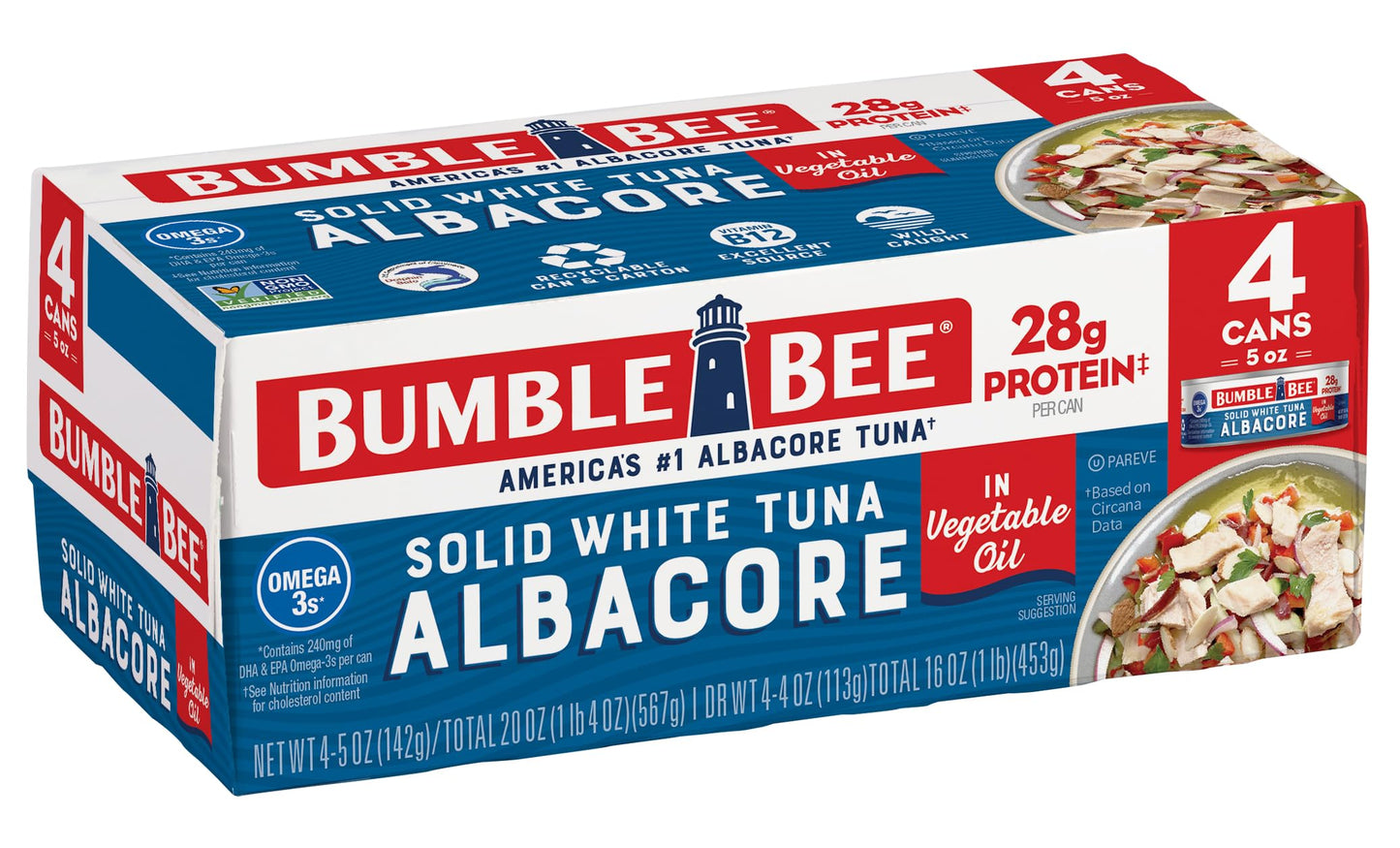Bumble Bee Solid White Albacore Tuna in Water, 5 oz Can (Pack of 8) - Wild Caught Tuna - 29g Protein per Serving, High in Omega-3s - Non-GMO Project Verified, Gluten Free, Kosher