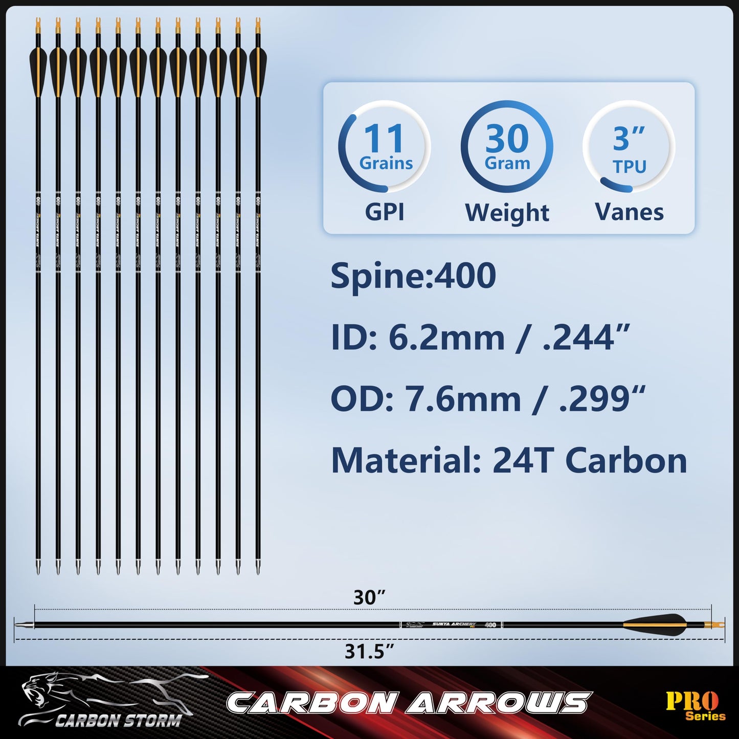 SUNYA Archery Compound Bow Arrows 12pcs Set. 30" Carbon Shaft, Spine 400 or 500 with Removable Tips