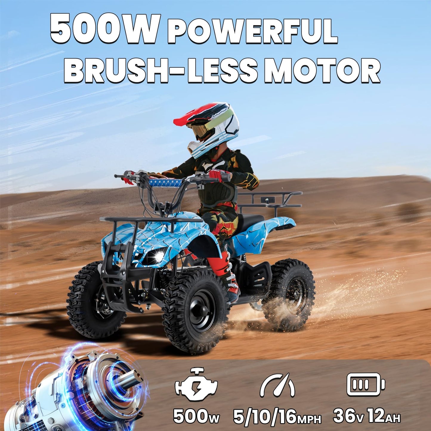 36V Electric ATV Dirt Quad Electric Four-Wheeled ATV with 500W Brushless Powerful Motor Off-Road Vehicle Electric Kids ATV Ride on ATV for Big Boys Girls Ages 5+, Black