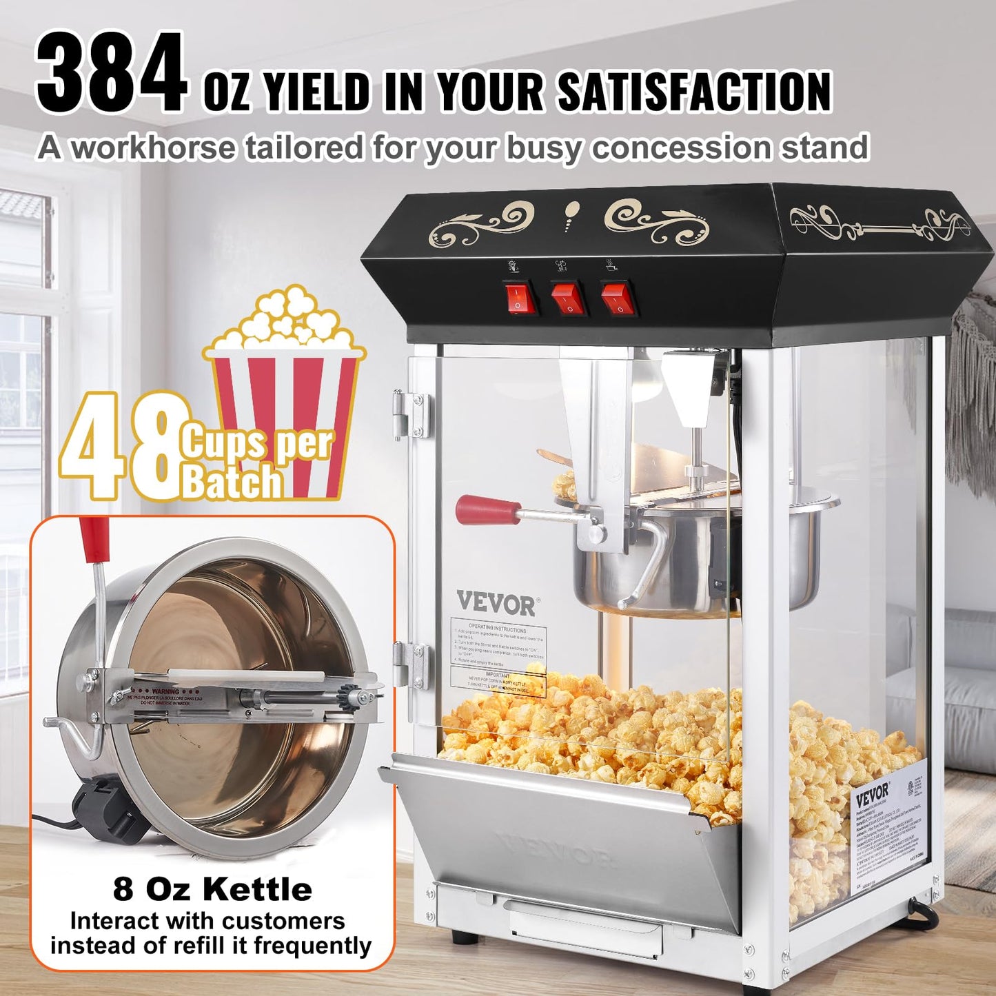 VEVOR Commercial Popcorn Machine, 8 Oz Kettle, 850 W Countertop Popcorn Maker for 48 Cups per Batch, Theater Style Popper with 3-Switch Control Steel Frame Tempered Glass Doors 2 Scoops 2 Spoons, Red