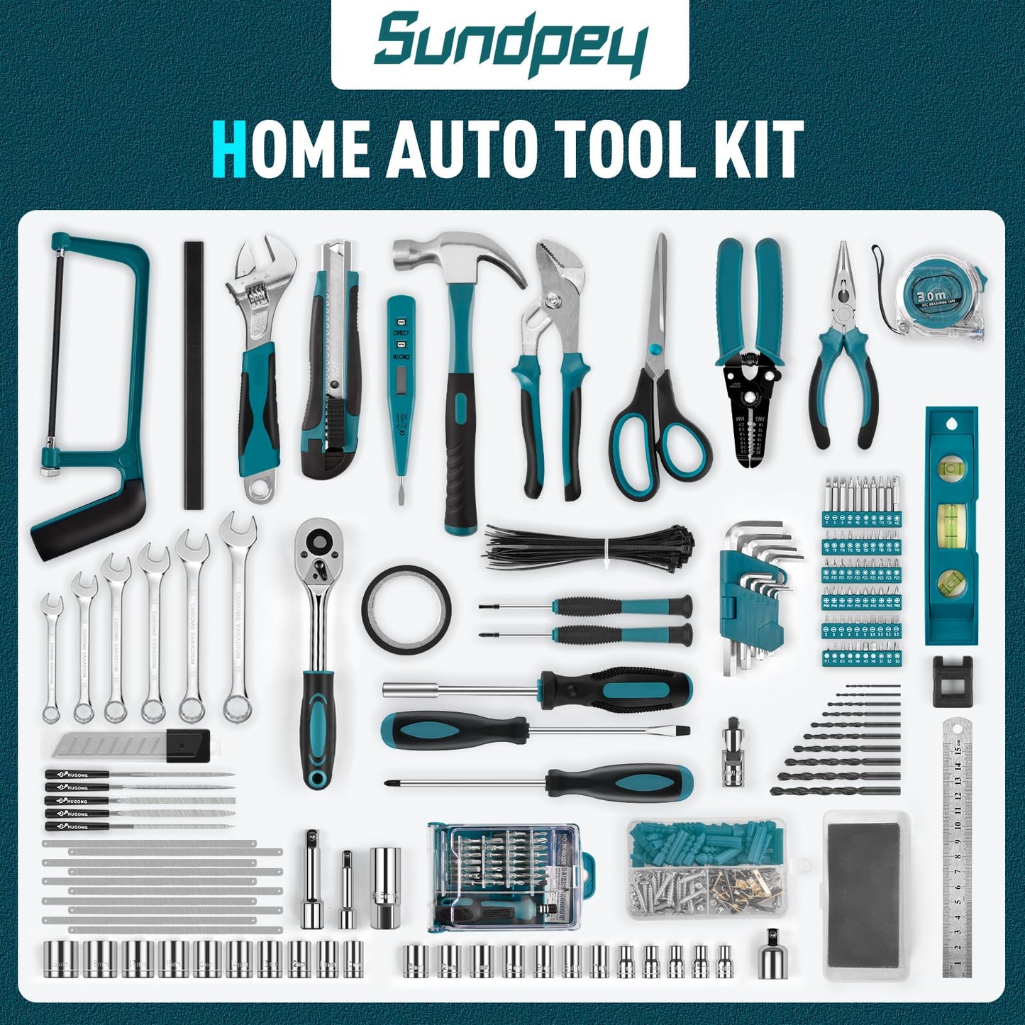 Sundpey 379-PCs Home Tool Kit - Portable Complete Household and Auto Repair Tool Set - Hand General Basic Tool Box Storage Case with Drawer - Full Basic Toolkit for Handyman & Diyer & Homeowner