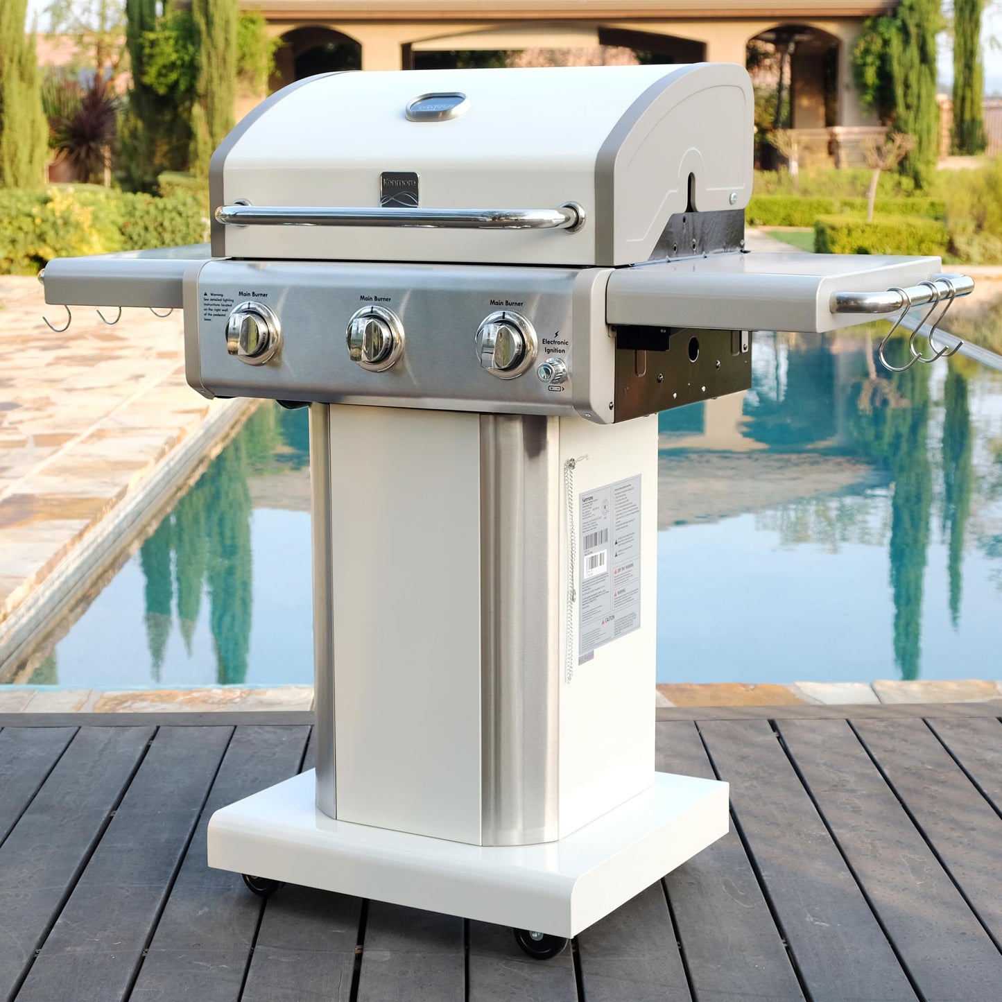 Kenmore 3-Burner Propane BBQ Grill, 30,000 BTUs Gas Grill with Cast Iron Cooking Grates, Folding Side Tables & Wheels, Outdoor Grill with Tool Hooks, Azure Blue