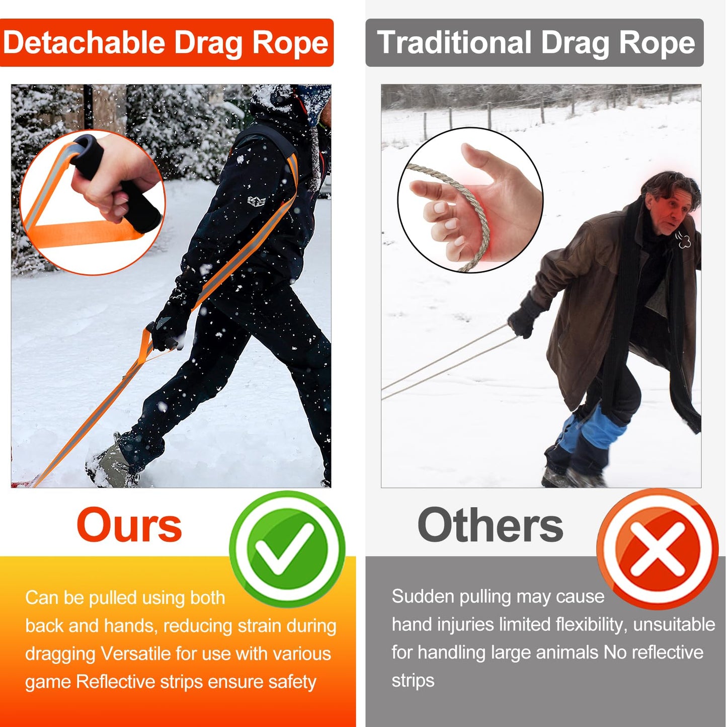 CHERAINTI Deer Drag Harness, Heavy Duty Deer Drag Strap Orange Deer Dragging Rope with Reflective Strip Soft Handle and Widen Shoulder Mens Deer Hunting Essentials Gear Accessories Gift for Hunters