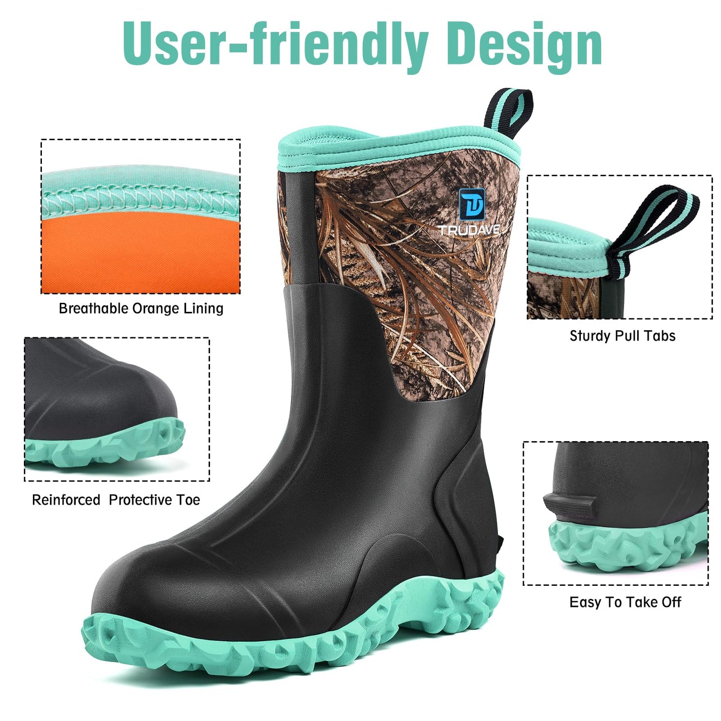 Rubber Boots for Women with Steel Shank, 6mm Neoprene Mid Calf Rain Boots, Waterproof Insulated Mud Work Boots All Season, Size 5-11