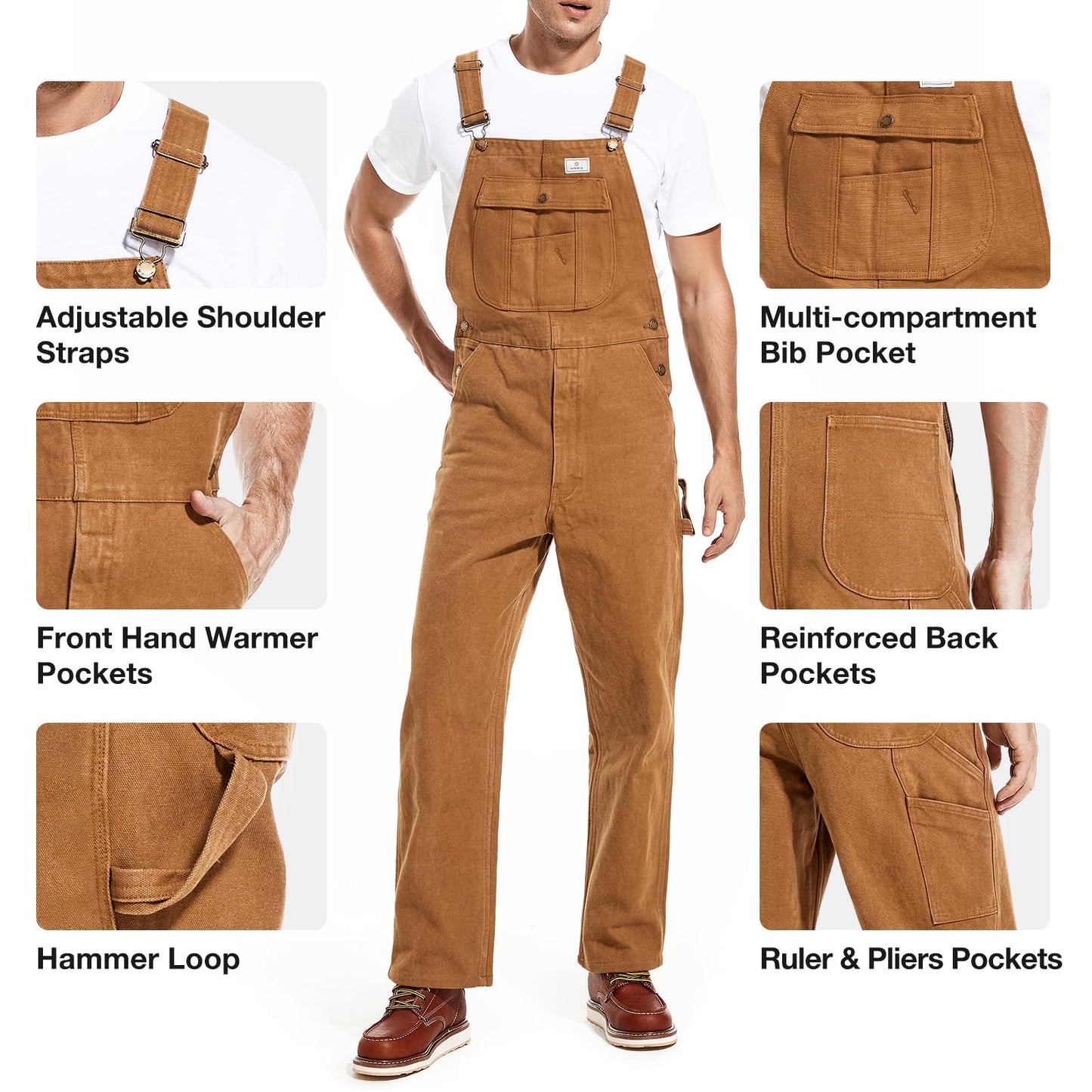 HISEA Men's Relaxed Fit Duck Bib Overall with Adjustable Straps and Convenient Tool Pockets