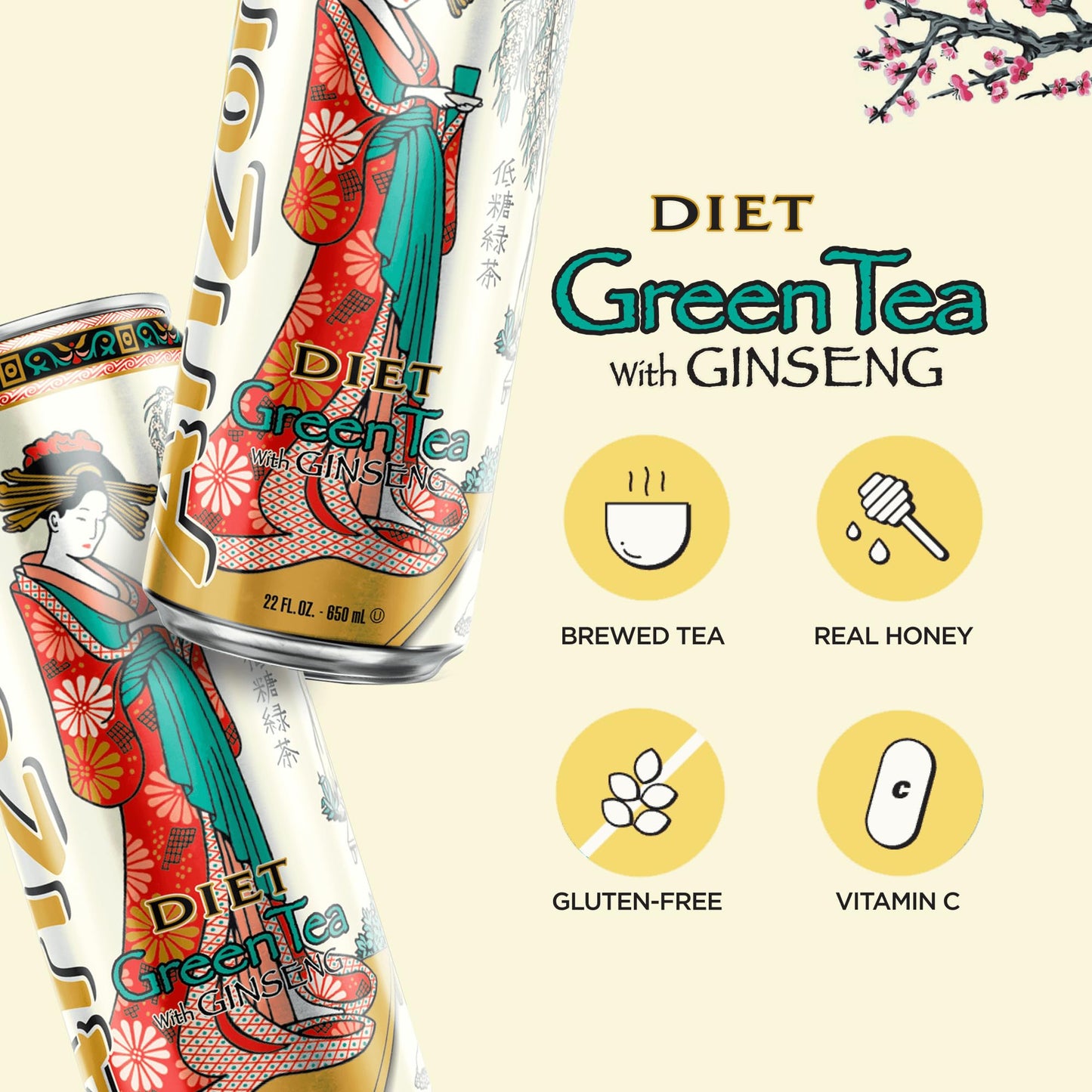 AriZona Green Tea with Ginseng and Honey - Big Can, 22 Fl Oz (Pack of 12)