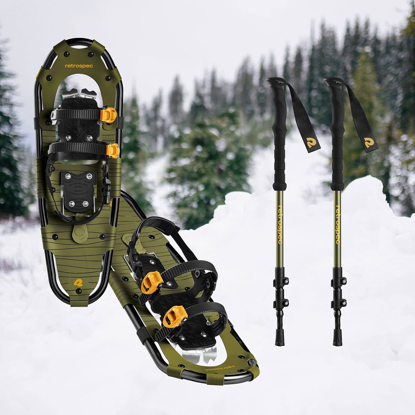 Retrospec Drifter Snowshoes & Trekking Poles Bundle with Adjustable Bindings - Lightweight Aluminum Frame for All Terrain Hiking & Winter Sports