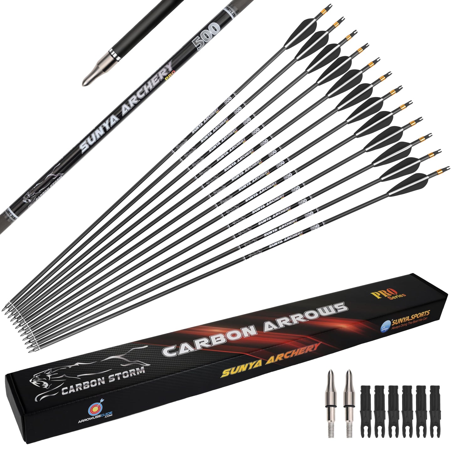 SUNYA Archery Compound Bow Arrows 12pcs Set. 30" Carbon Shaft, Spine 400 or 500 with Removable Tips