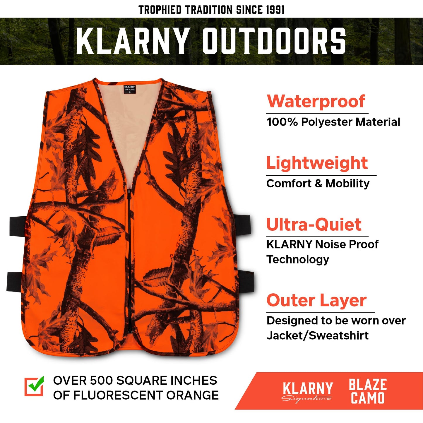 Klarny Orange Safety Vest, High-Visibility, Waterproof Deer and Bow Hunting Gear, Quiet Hunter Vests and Hunting Accessories