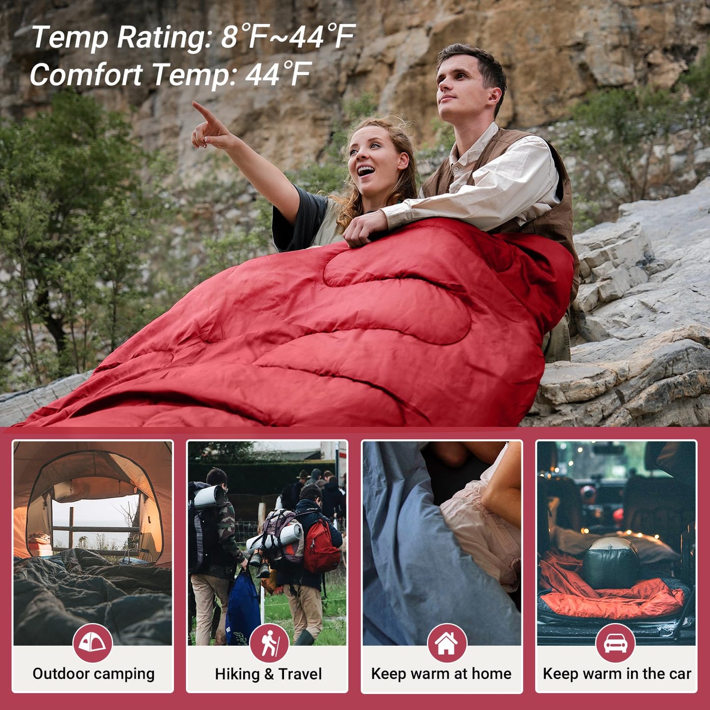 KingCamp Queen Size 2 Person Double Sleeping Bags with Pillows for Adults, 20 Degree Lightweight Backpacking Quilts for Couples Family Camping Hiking and Outdoors, Waterproof