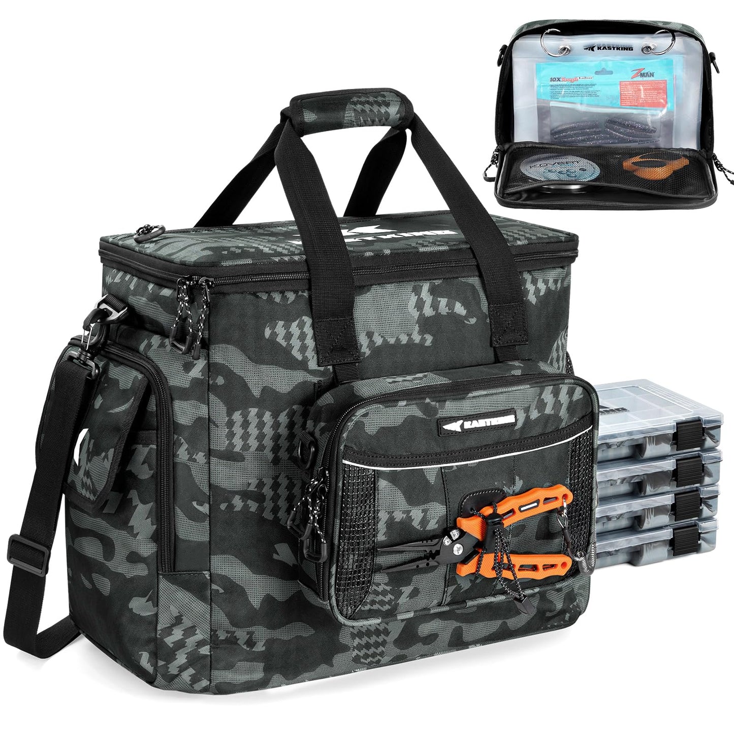 KastKing BaitSpace Fishing Tackle Bag With 4 Tackle Boxes & Removable Bait Binder, Water-Resistant Tackle Storage, Durable Fishing Gear, Adjustable Shoulder Strap