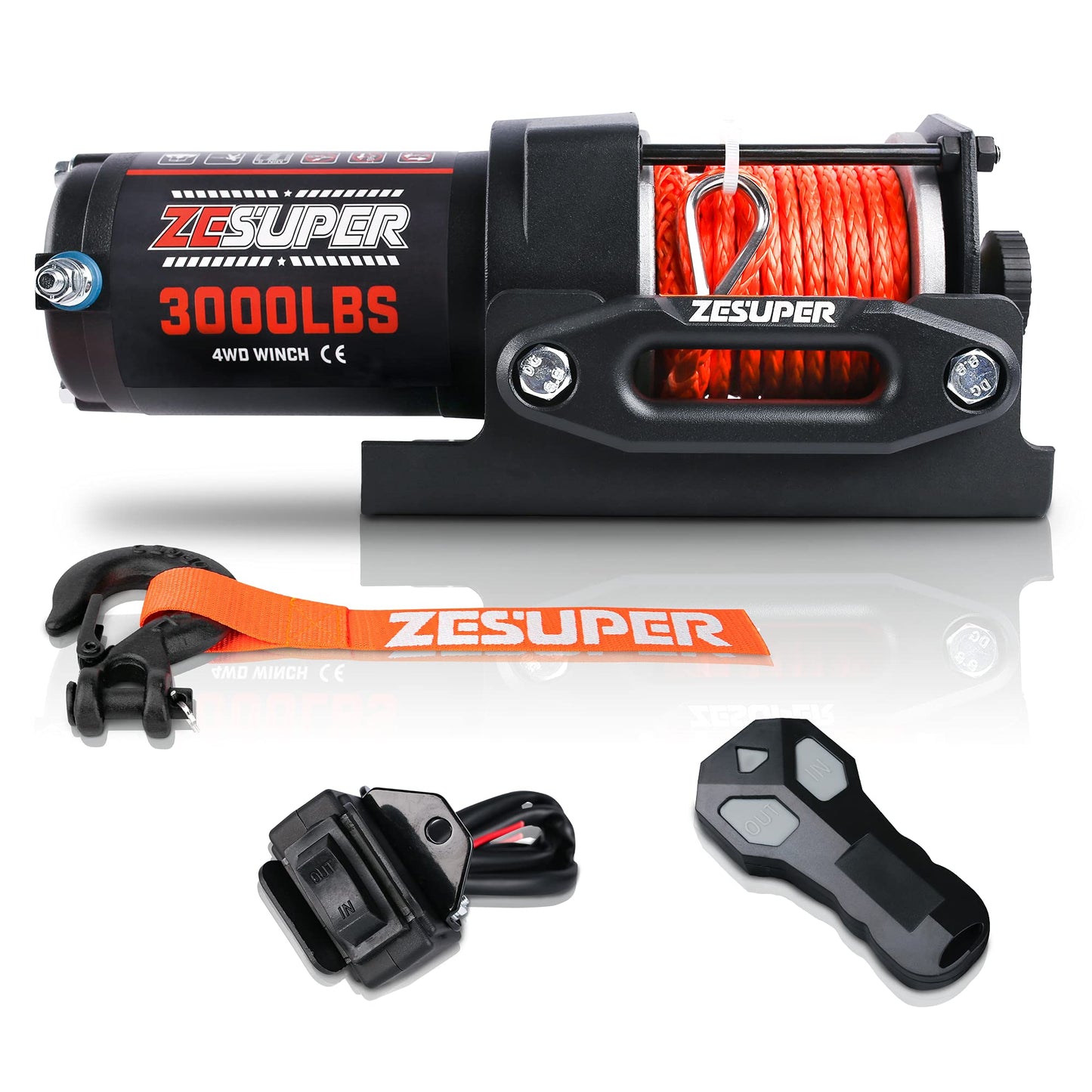 ZESUPER 3000 lb Electric Winch for ATV UTV Trailer Boat Synthetic Rope Winch 12V DC Off Road Towing Winches with Wireless Remote Mounting Bracket