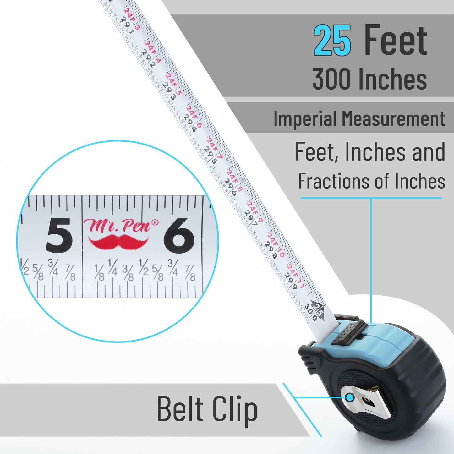 Mr. Pen 25-Foot Steel Retractable Tape Measure with Easy Read Fractions