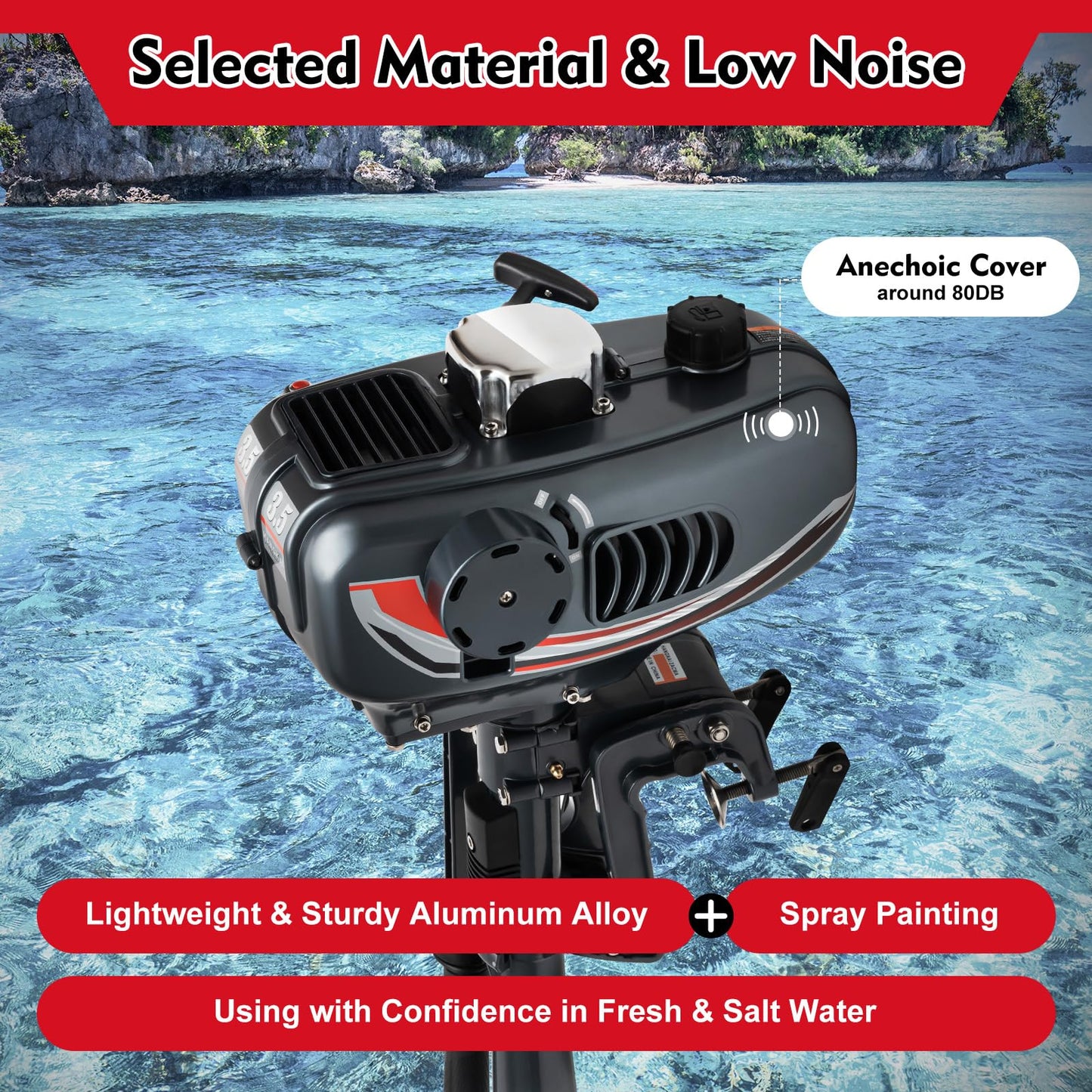 Outboard Motor Boat Engine, 2 Stroke Heavy Duty Fishing Boat Engine 3.5HP Gas Trolling Motor with Water Cooling CDI System for Rubber Boats, Inflatable Boats, Sailboats