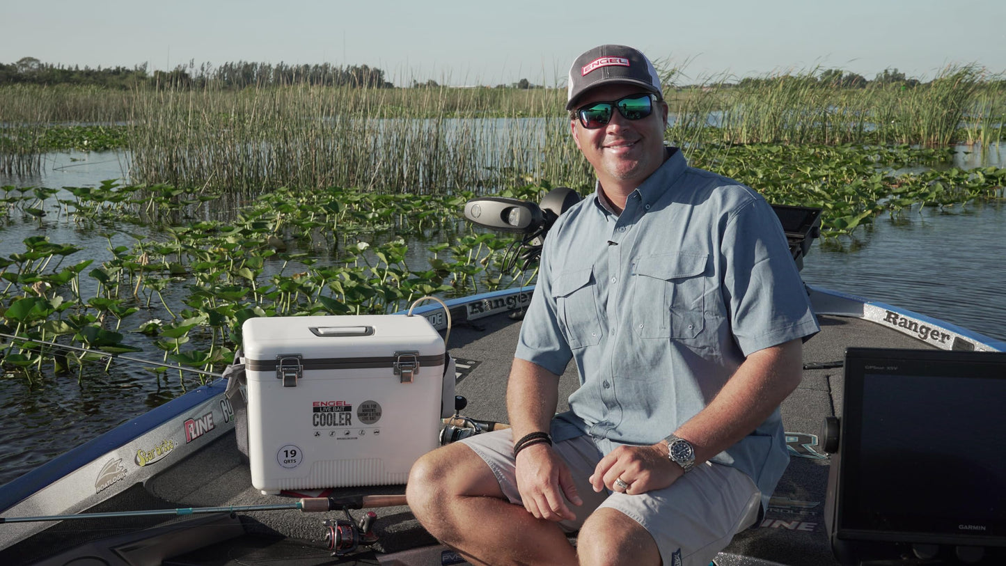 Engel Live Bait Cooler Box with 2nd Gen 2-Speed Aerator Pump - Portable Fishing Station & Minnow Bucket for Shrimp & Other Live Fish with Aerator - ENGLBC-N